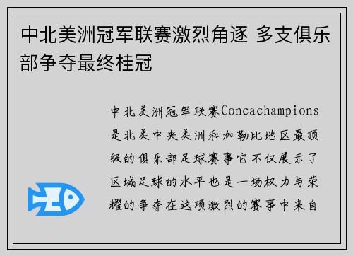 中北美洲冠军联赛激烈角逐 多支俱乐部争夺最终桂冠